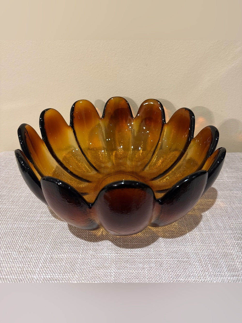 Vintage Indiana Glass Amber Lotus Petal Large Serving Bowl Centerpiece MCM 11"